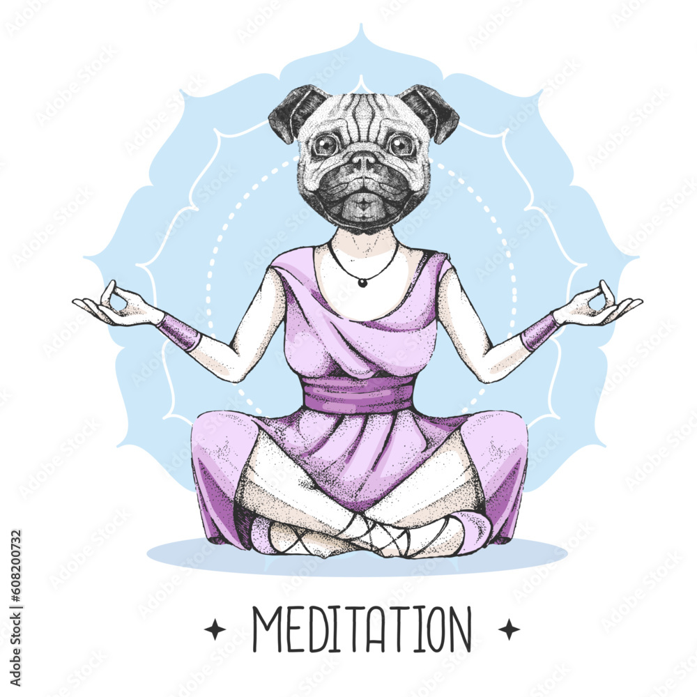 Hand drawing hipster animal dog meditating in lotus position on mandala background. Vector illustration Hand drawing hipster animal dog meditating in lotus position on mandala background. Vector illustration