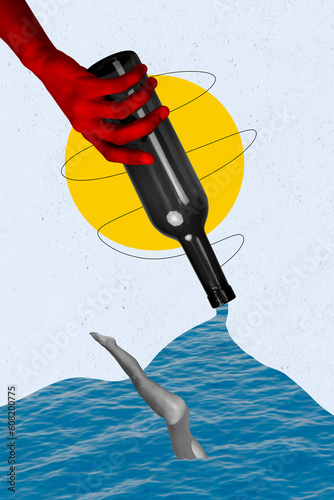 Papier peint Vertical collage image of big red arm hold bottle pour ocean water mini black wh