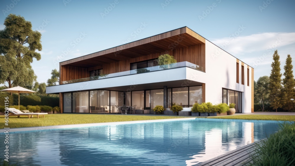 A modern two-story, minimalist high-tech style villa with huge panoramic windows, a spacious terrace, a swimming pool and sun loungers. Generative AI
