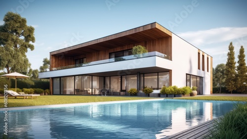 A modern two-story, minimalist high-tech style villa with huge panoramic windows, a spacious terrace, a swimming pool and sun loungers. Generative AI © Georgii