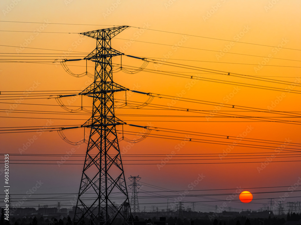 High voltage power tower industrial landscape at sunrise
