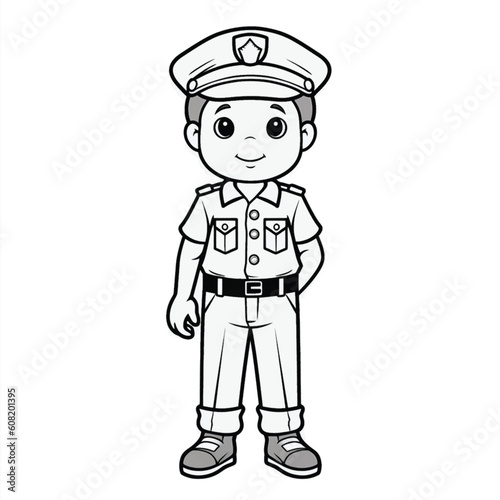 Vector Illustration: Cute Policeman Coloring Page with Sharp Black Lines