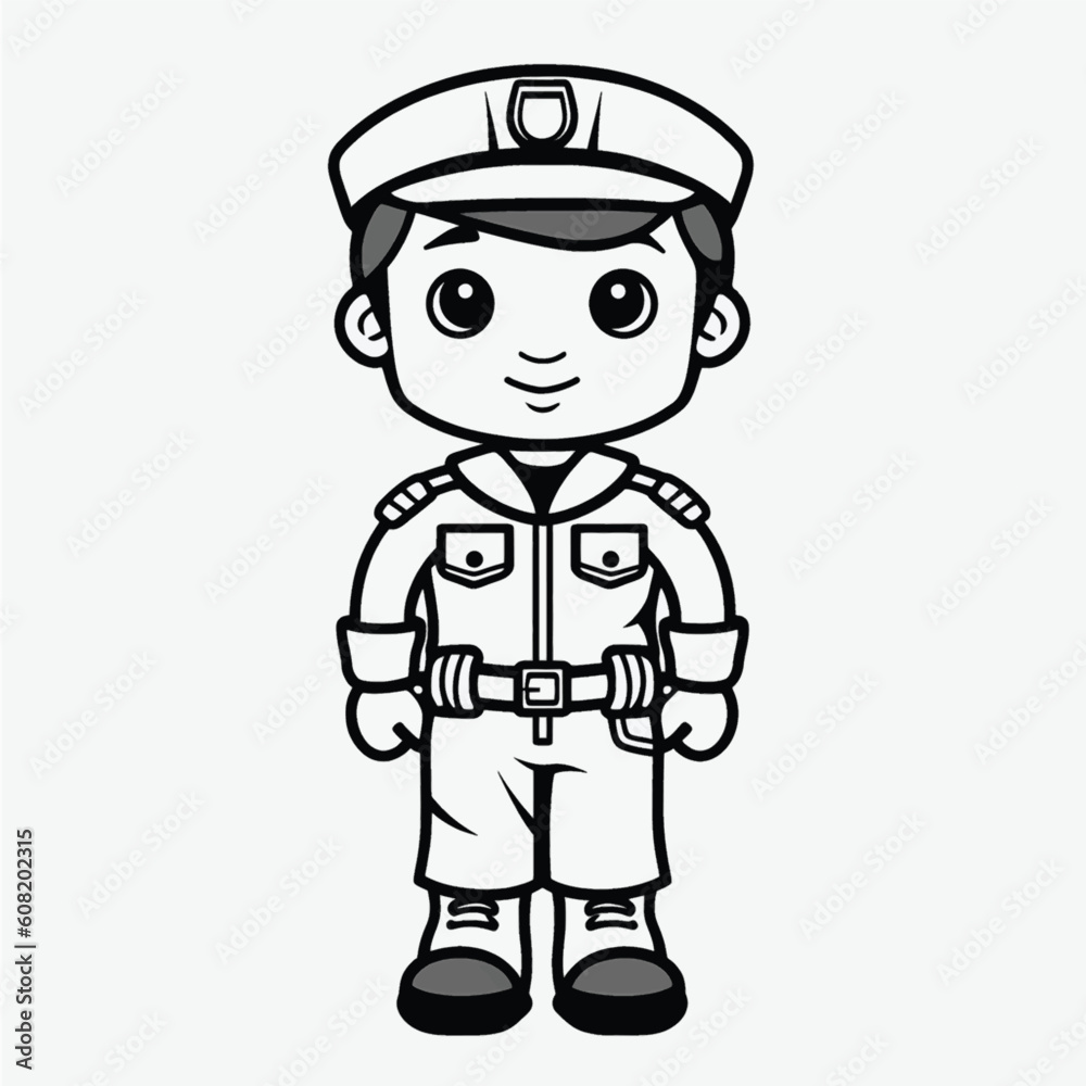 Black and White Coloring Page: Flat Vector Illustration of a Cute Policeman for Kids