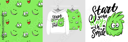 Seamless pattern and illustration set with cute monster and text Start your day with a smile. Baby design pajamas, background for room decor, tee print, party invitation, baby shower, fabric design