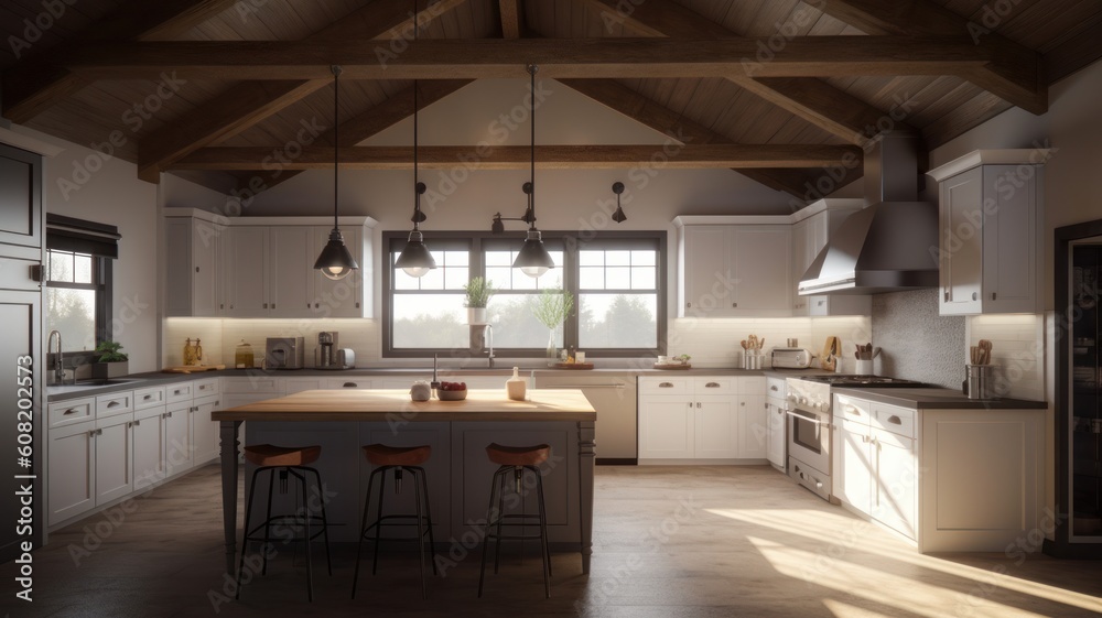 Modern spacious country house kitchen, white fronts and countertops, wooden floors and ceiling beams, kitchen island with bar stools. Generative AI