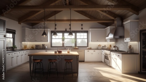 Modern spacious country house kitchen, white fronts and countertops, wooden floors and ceiling beams, kitchen island with bar stools. Generative AI