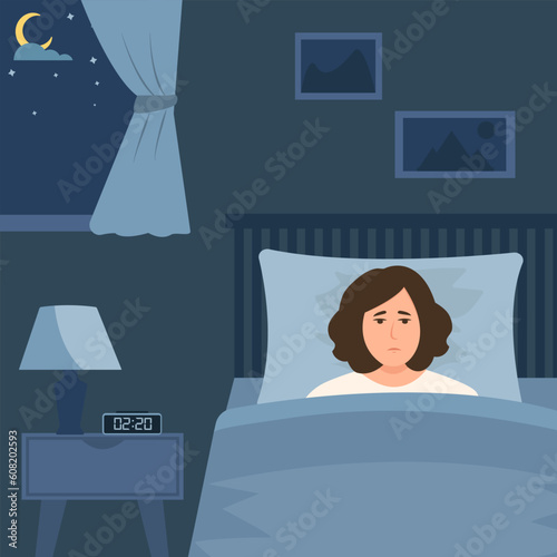 Sleepless woman suffering from insomnia.Girl try to sleep under blanket. Flat style vector illustration.
