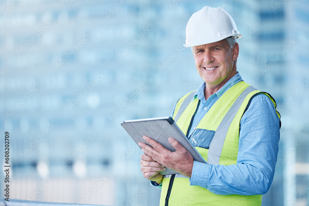 Portrait, engineer and man with a tablet, outdoor or construction with architecture, smile or website information. Face, mature male person or handyman with technology, project management or research Portrait, engineer and man with a tablet, outdoor or construction with architecture, smile or website information. Face, mature male person or handyman with technology, project management or research