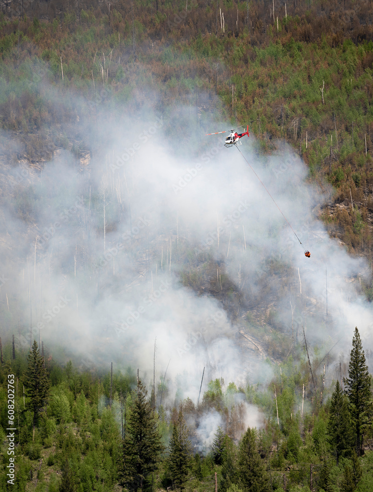 Fototapeta premium A helicopter carries a bucket of water over forest fire smoke in Kootenay National Park, British Columbia, Canada