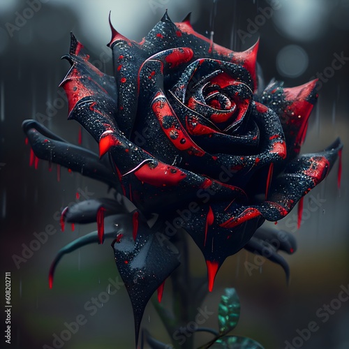 mutated red black rose during a rainy day, created by Generative AI. photo