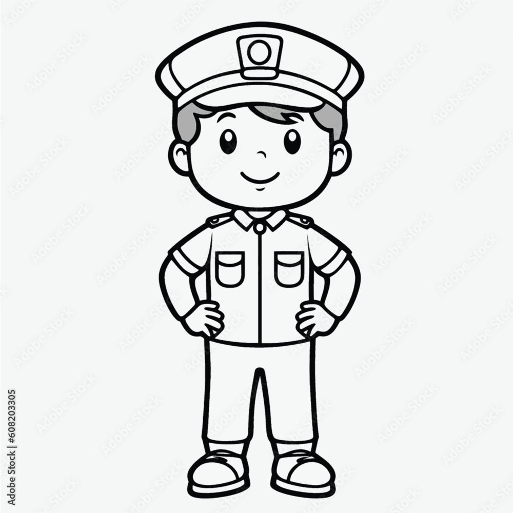 Cute Policeman Coloring Page: Simple Black and White Illustration for Kids Cute Policeman Coloring Page: Simple Black and White Illustration for Kids