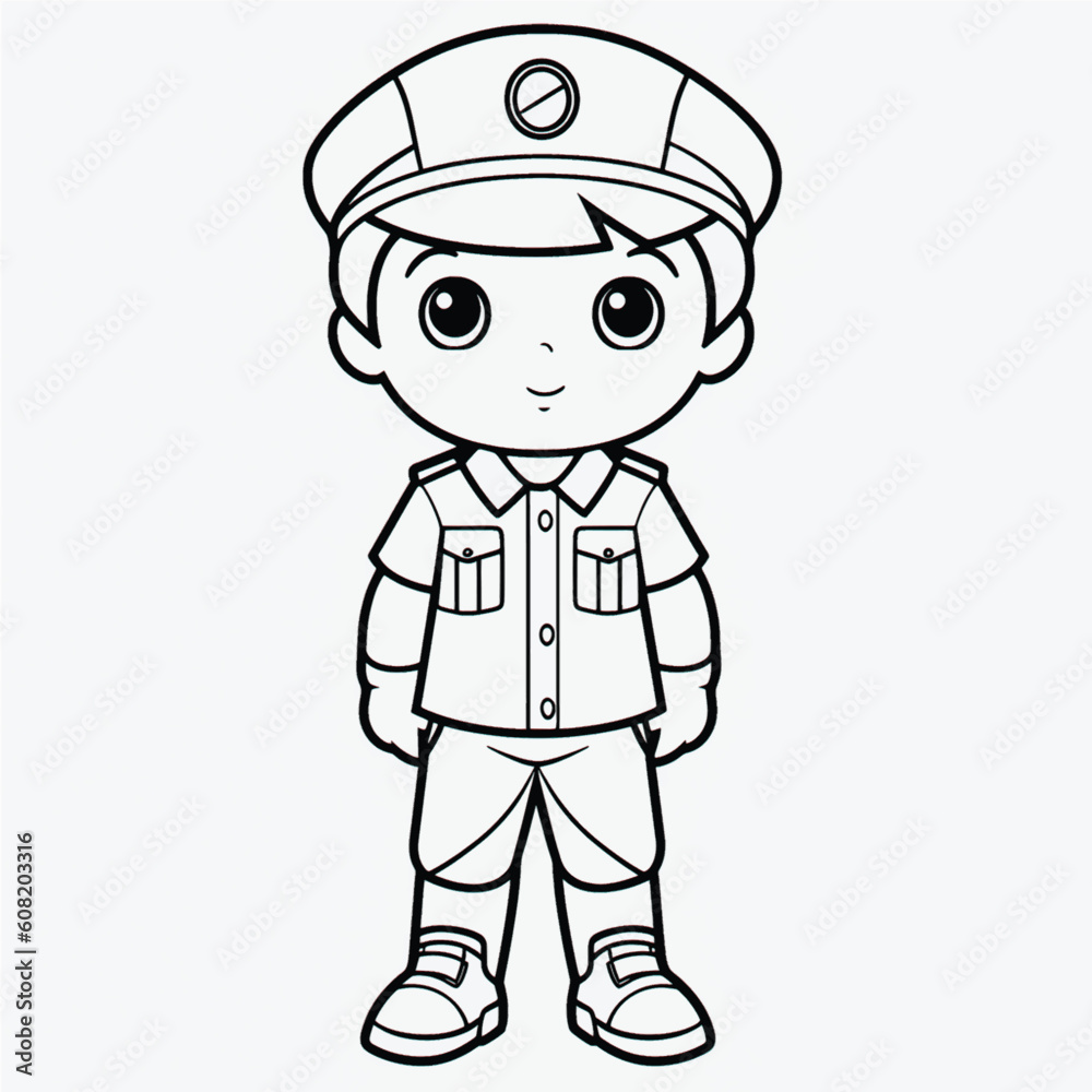 Cute Policeman Coloring Page: Simple Black and White Illustration for Kids Cute Policeman Coloring Page: Simple Black and White Illustration for Kids