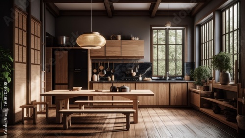 Modern kitchen and dining area japandi style. Natural wood floor, kitchen facades, dining table and chairs, wicker lampshades, plants. Large panoramic windows with garden view. Generative AI © Georgii