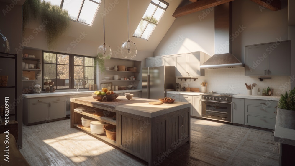 Modern spacious country house kitchen, white fronts and countertops, wooden floors and ceiling beams, kitchen island with comfortable work space. Generative AI