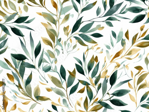 Seamless watercolor floral pattern - green & gold leaves, branches composition on white background
