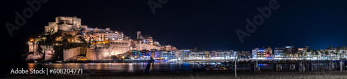 Beautifull Night view of Peñiscola village castle from the beach