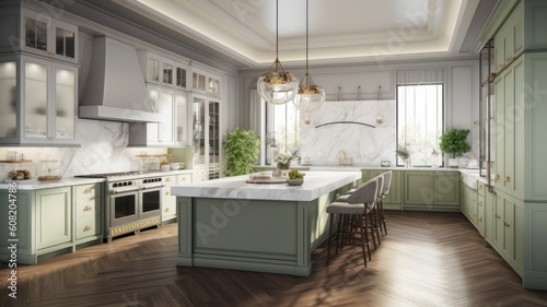 Modern spacious kitchen American European classic. A trendy combination of white and pistachio colors, white marble countertops, a large kitchen island with bar stools. Generative AI