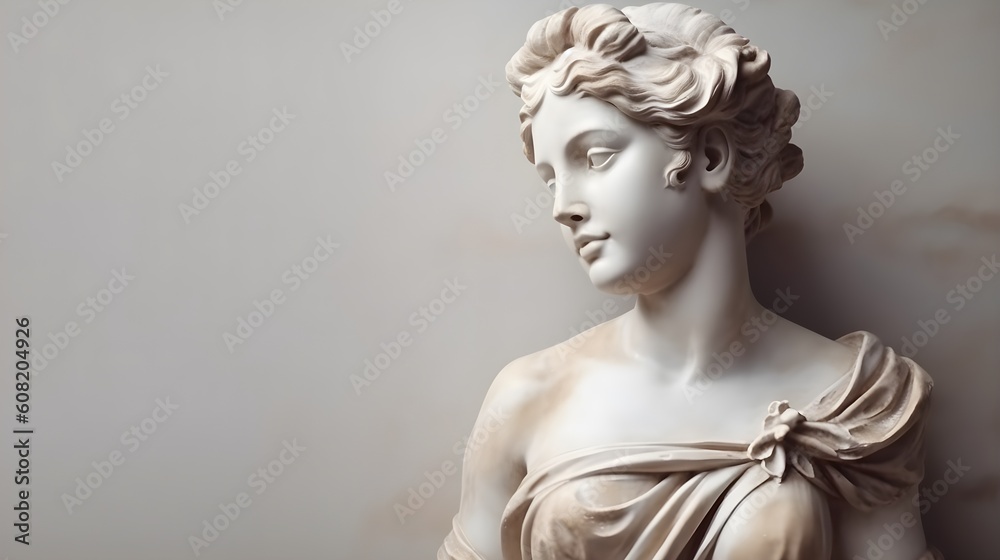 Ancient Marble Statue of Young Woman Near Empty Wall - Greek Sculpture with Space for Text - Generative AI