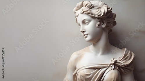 Ancient Marble Statue of Young Woman Near Empty Wall - Greek Sculpture with Space for Text - Generative AI