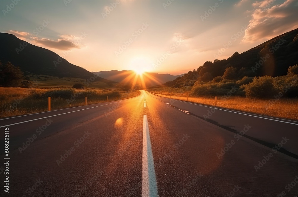 Blurry mountain road sunset. Generate AI