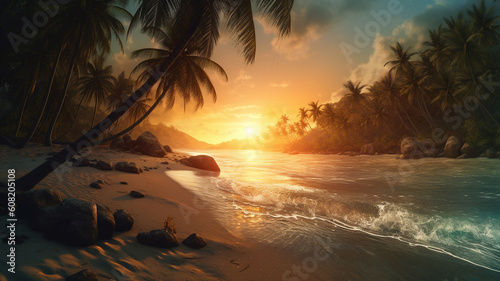 A beautiful beach with palm trees in morning with peace and calm sea wave, Generative AI