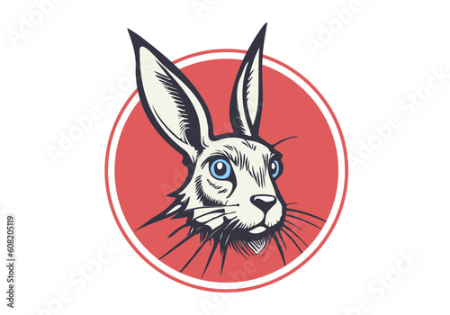 Vector round red sticker. The head of a serious eared cartoon rabbit with blue eyes. White isolated background.