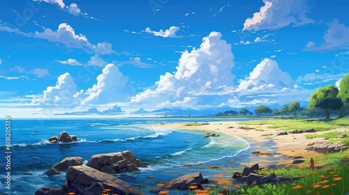 Beautiful Sea Nature With Anime Style Landscape Illustration Generative AI © Fauzan