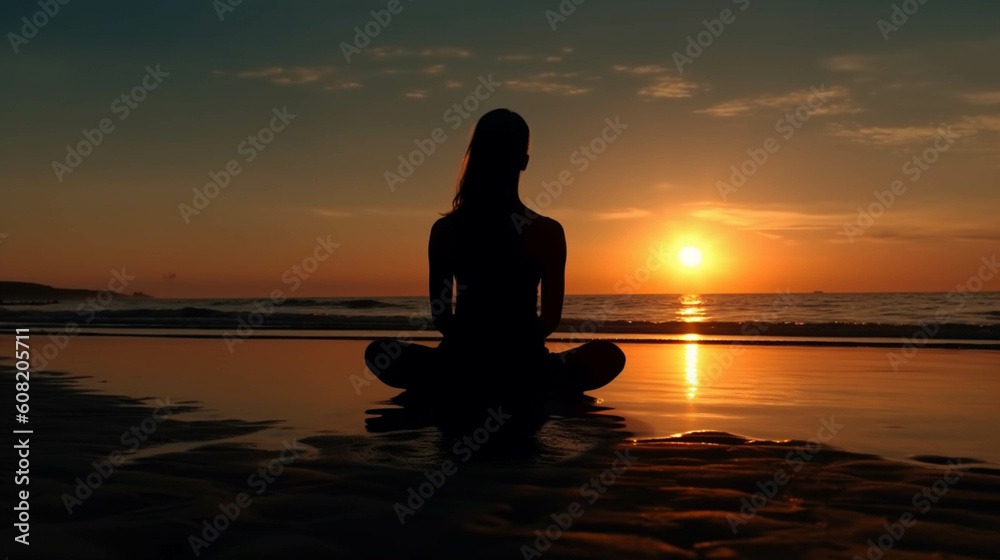 Silhouette young woman practicing yoga on the beach at sunset, Meditation. AI Generative