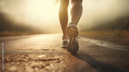 Runner feet running on road closeup on shoe, woman fitness sunrise jog workout. AI Generative