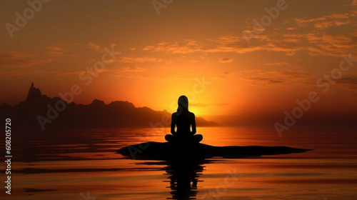 Silhouette young woman practicing yoga on the beach at sunset, Meditation. AI Generative