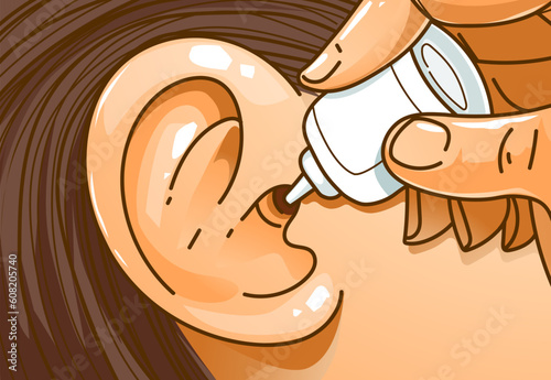 Human ear. The closeup image of the auricle. The hand holds the medical drops and instills them into the ear. Healthcare illustration. Vector illustration.