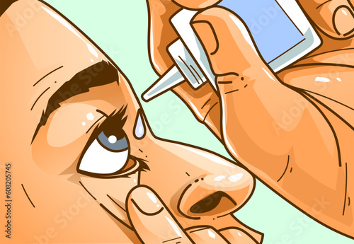 Eye drop instillation. Medical procedure. Healthcare illustration. Vector illustration. 