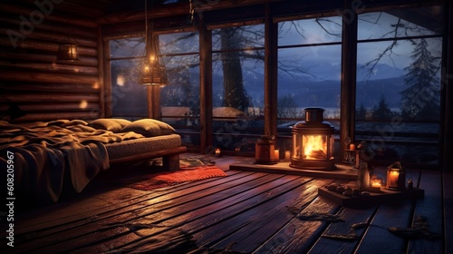 fireplace in the cabine, cabin in the wood, romantic mood, ai generated
