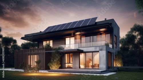 A modern two-story cottage in a minimalist style with solar panels on the roof. Panoramic windows, spacious terrace, neat lawn. Soft evening light. Generative AI © Georgii