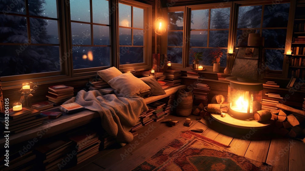 fireplace in the cabine, cabin in the wood, romantic mood, ai generated
