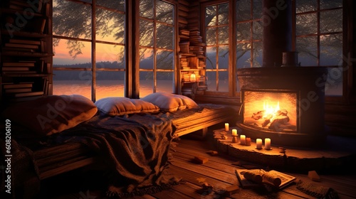 fireplace in the cabine  cabin in the wood  romantic mood  ai generated