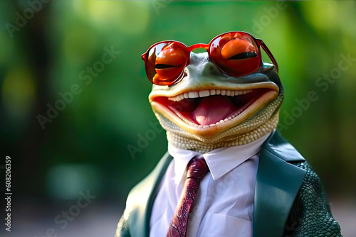 Mr. Frog wearing sunglasses and dressed in shirt and tie, smiling, meme, humorous, generative ai photo