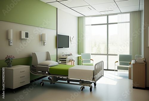 Lonely bed in a hospital ward in light pastel colors. AI Generated
