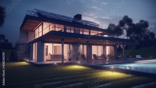 A modern two-story cottage in a minimalist style with solar panels on the roof. Panoramic windows, spacious terrace. Swimming pool and tidy lawn. Soft evening light. Generative AI © Georgii
