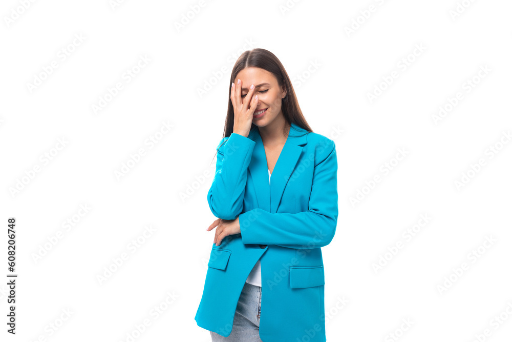 young brunette model woman dressed in a stylish business jacket is in confusion young brunette model woman dressed in a stylish business jacket is in confusion