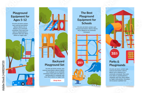 Playground equipment for backyard and school advertising poster landing page set vector illustration