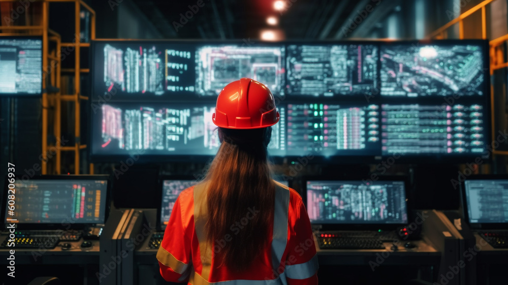 engineer woman in safety helmet and uniforms on Big Screen monitor computer working control machine in factory, Generative AI engineer woman in safety helmet and uniforms on Big Screen monitor computer working control machine in factory, Generative AI