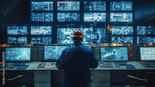 engineer woman in safety helmet and uniforms on Big Screen monitor computer working control machine in factory, Generative AI