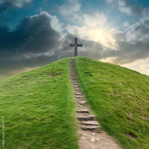 The Cross on a Hill and the Path to God. AI Generated.