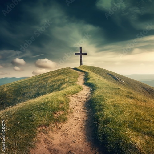 The Path to God Illustrated by the Cross on a Hill. AI Generated.