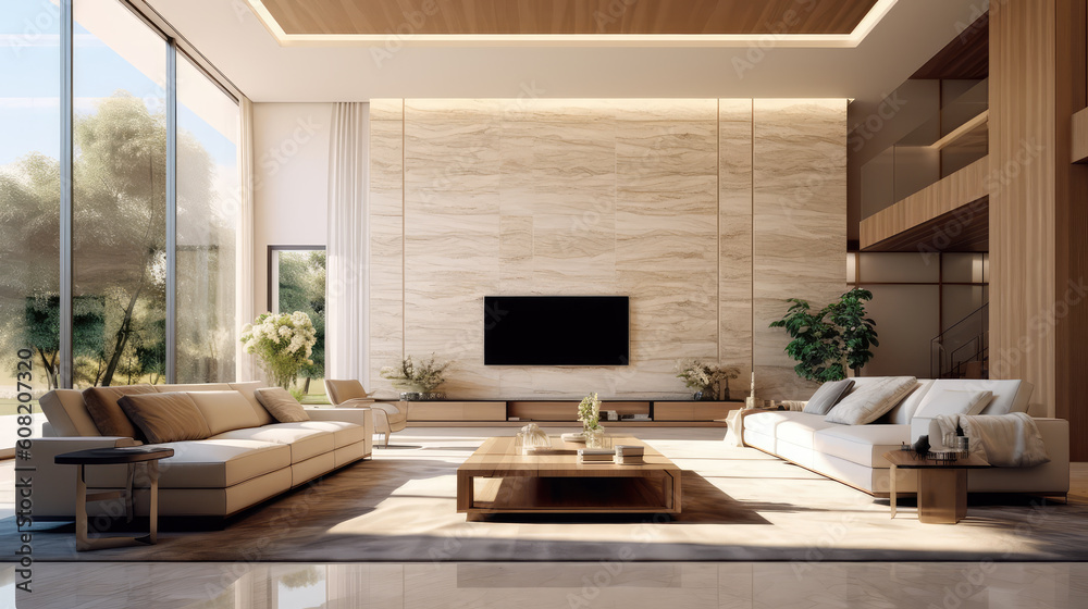 Fototapeta premium Generative ai illustration of luxurious interior with marble wall and television