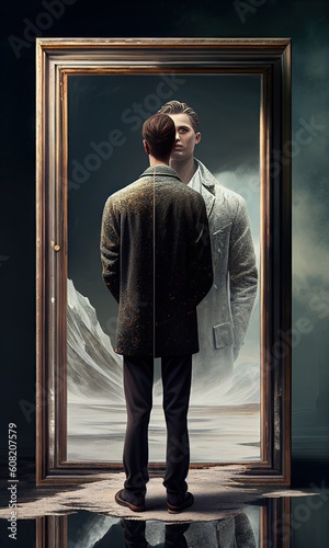 In a dream blue and black black background man standing at the end of a mirror Abstract, Elegant and Modern AI-generated illustration