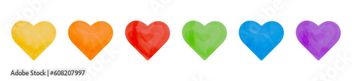 Group of cute watercolor hearts, collection with colorful love symbols, design elements on a transparent background.