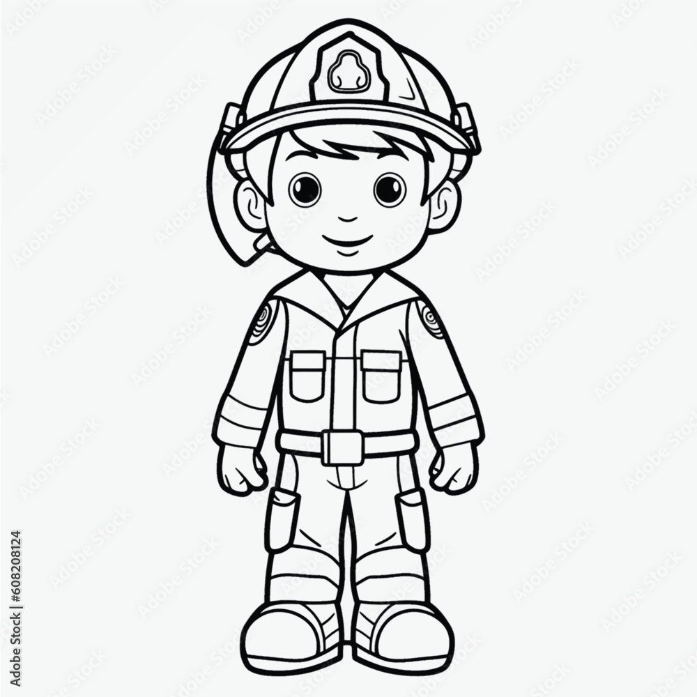 Kids Coloring Page: Beautiful Firefighter with Crisp Lines and Simple Shapes Kids Coloring Page: Beautiful Firefighter with Crisp Lines and Simple Shapes