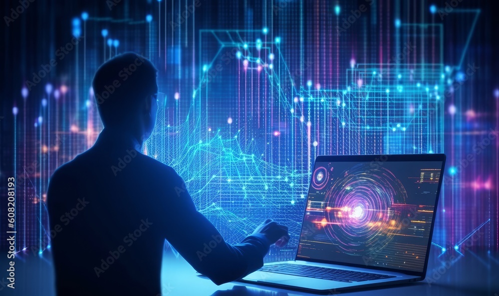 Data science and big data technology. Data scientist computing, analysing and visualizing complex data set on computer. Data mining, artificial intelligence, machine learning, Generative AI